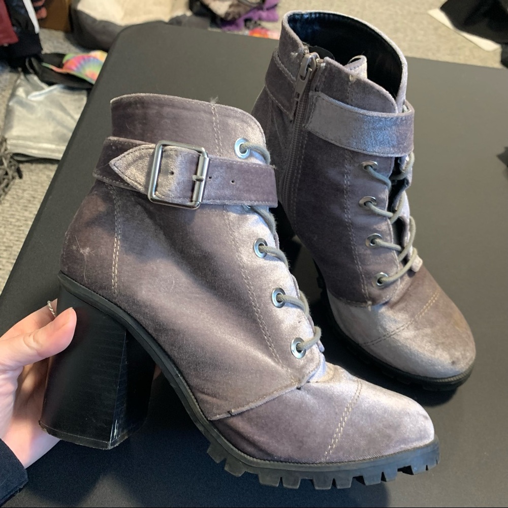 Purple velvet buckle lace up booties